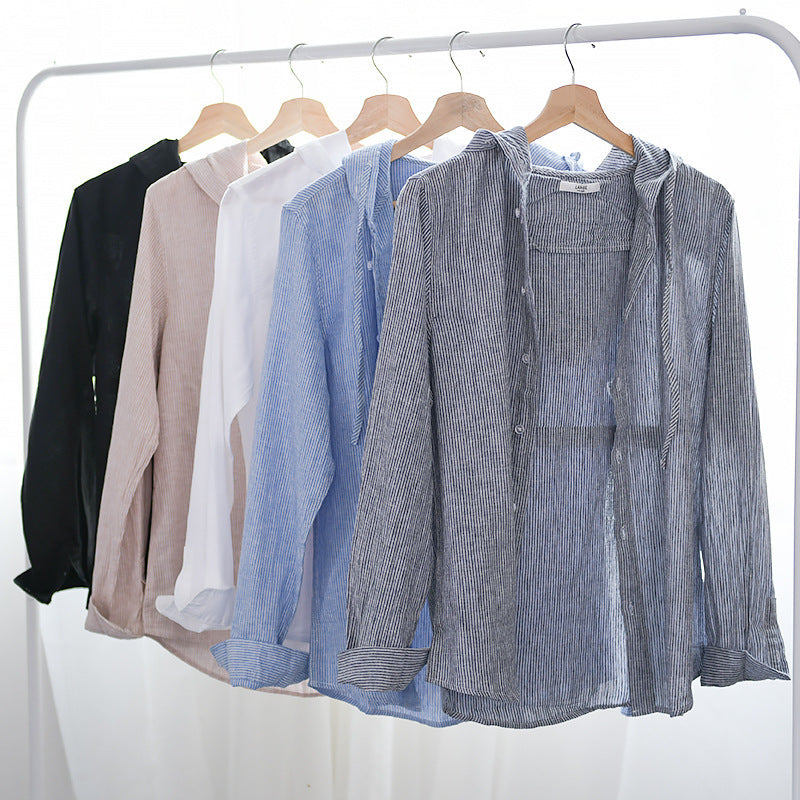 Men's Lightweight Hoodie Shirt made of Linen-Cotton Blend with Fine Stripe Structure Chichicherry
