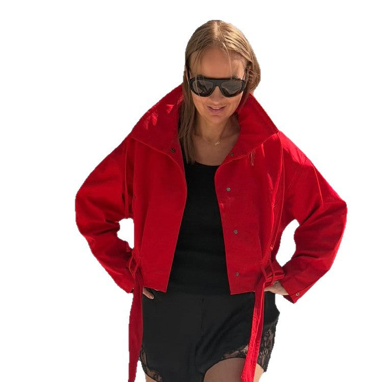 Women's Oversize Short Jacket with Waist Belt and Shirt Collar Chichicherry