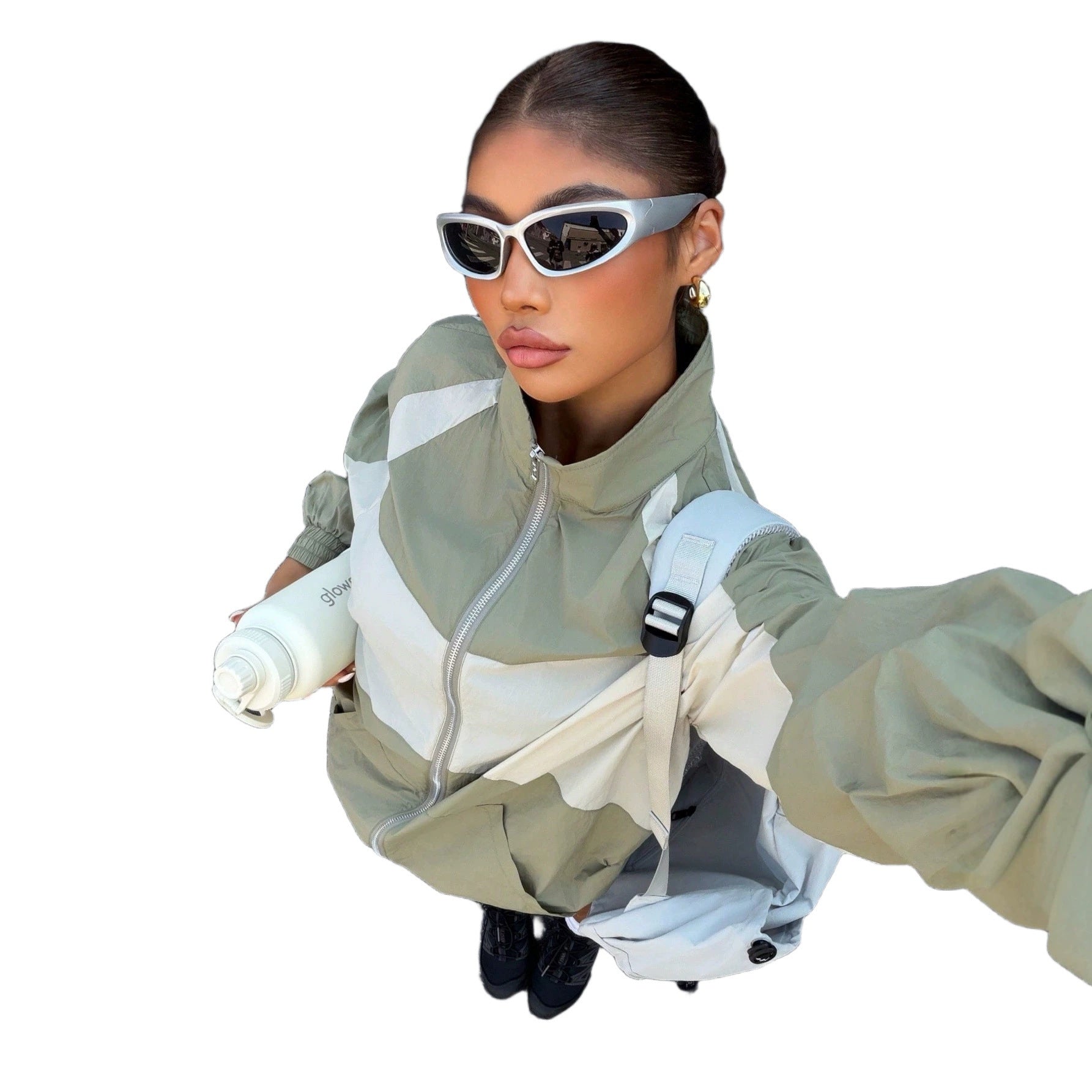 Women Lightweight Colorblock Windbreaker with Stand-Up Collar and Zip Closure