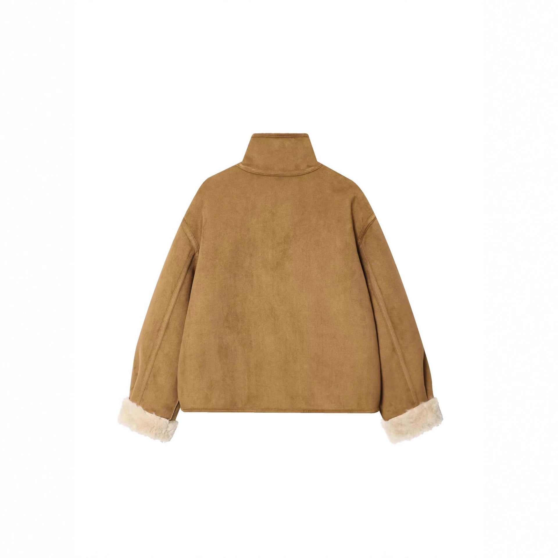 Women's short jacket in lambskin look with stand-up collar, patch pockets, and button placket Chichicherry