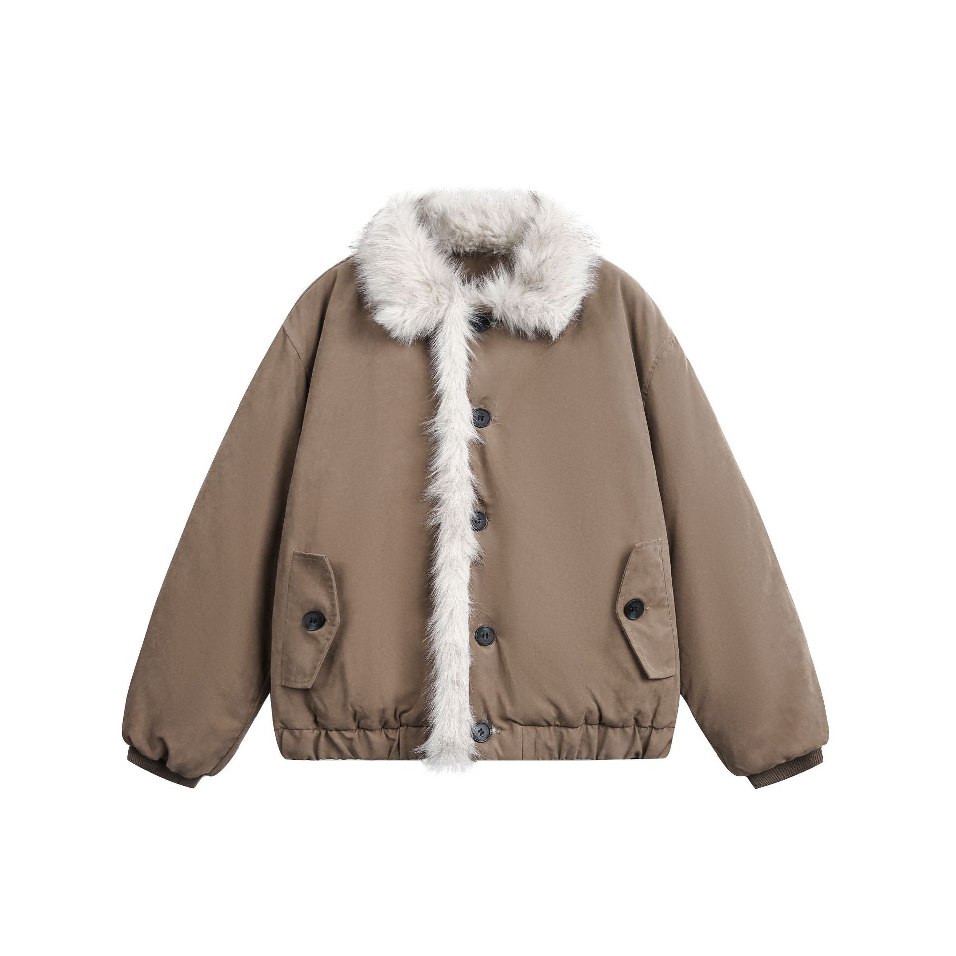 Women's short jacket in boxy cut with wide faux fur collar Chichicherry