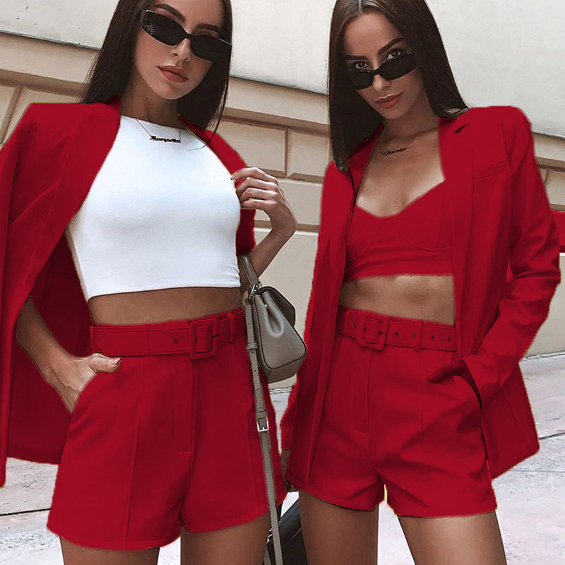 Women's Tailored Longline Blazer with High-Waisted Belt Shorts Set Chichicherry