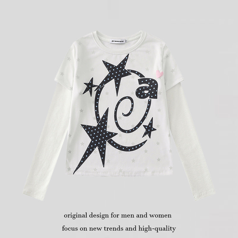 Women Two-Layer Long Sleeve Shirt with Stars Ornament and Heart Detail Chichicherry