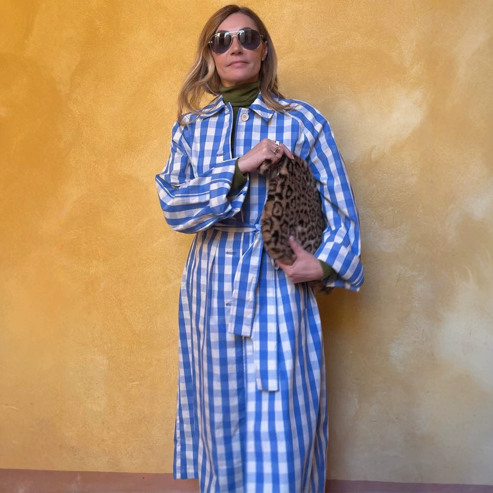 Women's long checkered coat with waist belt and shirt collar Chichicherry