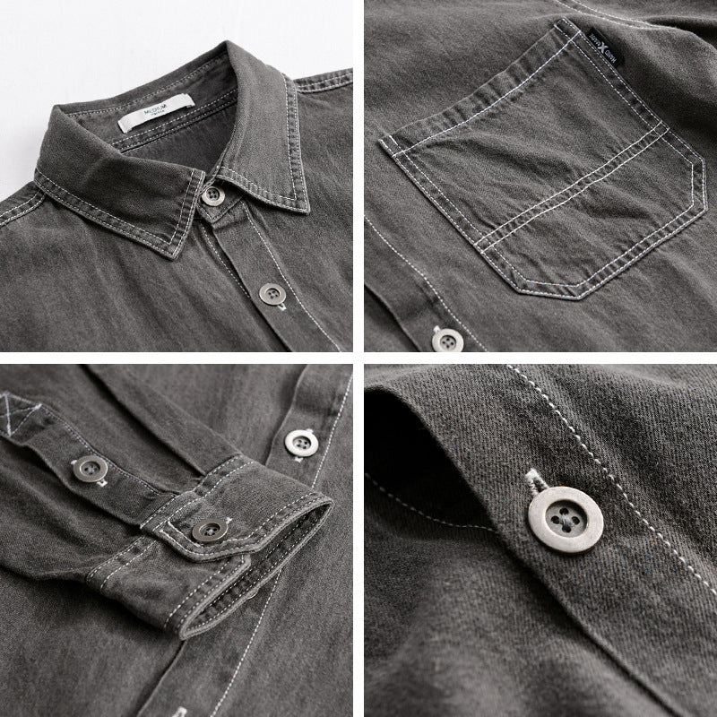 Men's Washed Denim Overshirt in Workwear Look with Contrast Stitches Chichicherry