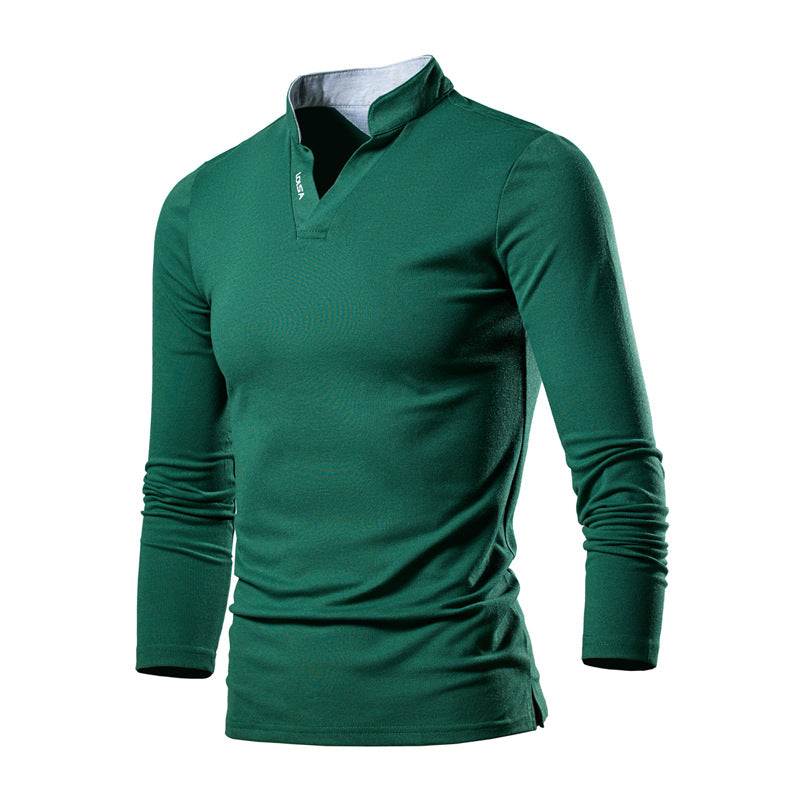 Men's Slim-Fit Long Sleeve Shirt with Stand Collar, Open V-Neck and Functional Stretch Material Chichicherry