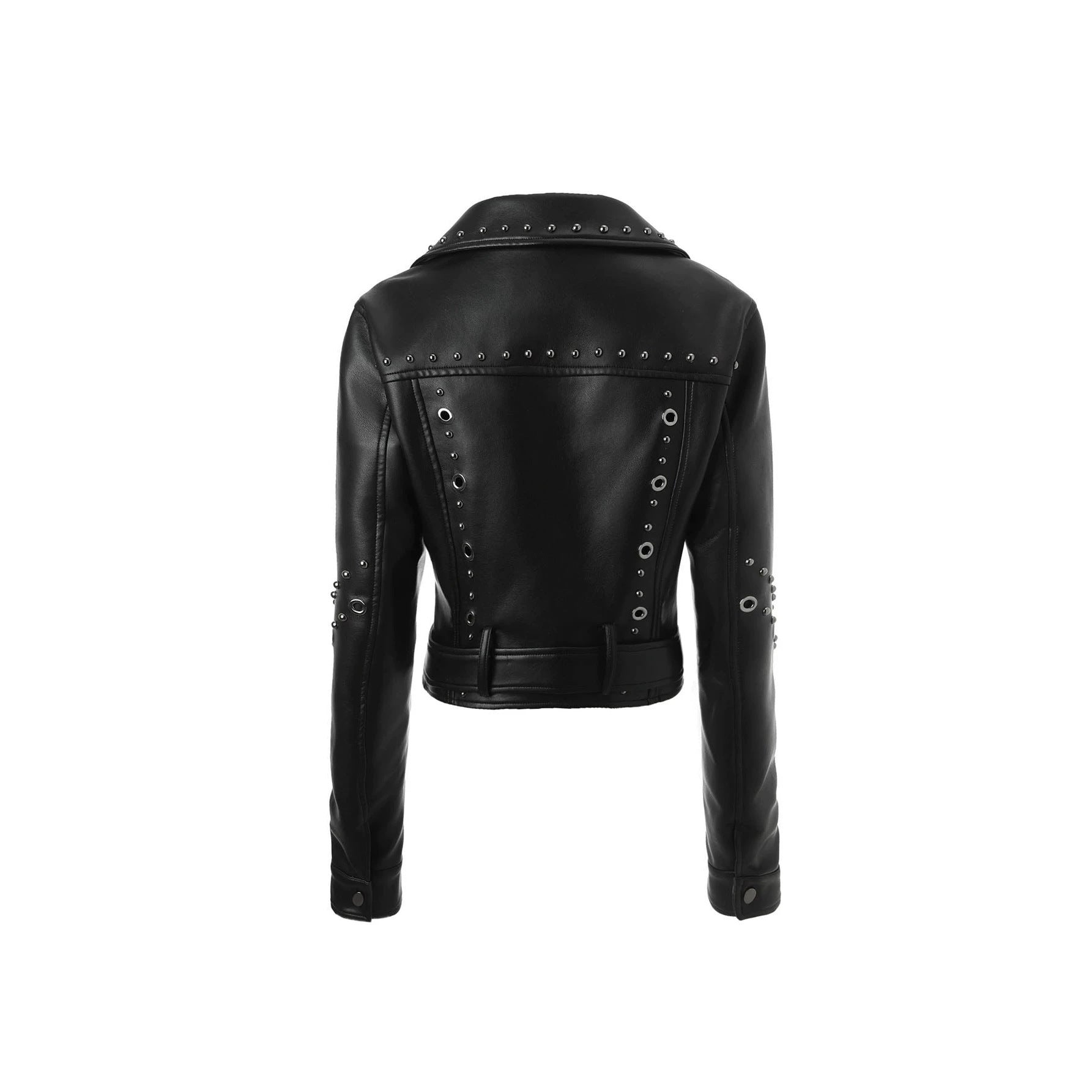 Women Cropped Studded Biker Jacket with Waist Belt Chichicherry