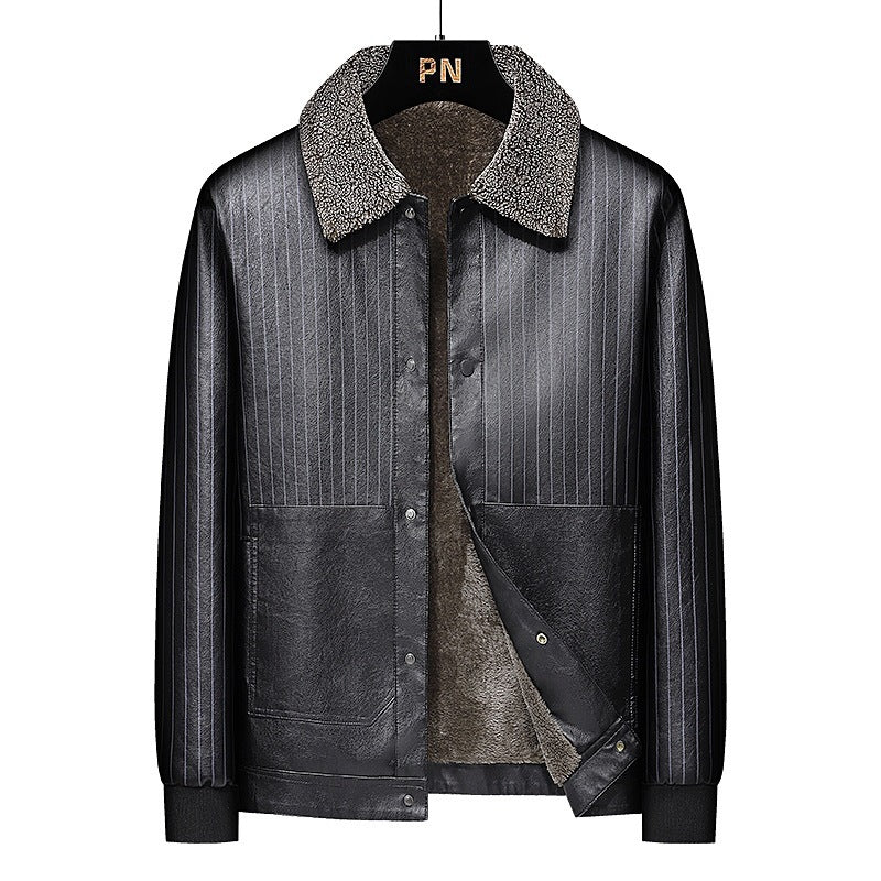 Men's Faux Leather Blouson with Sherpa Collar, Warm Teddy Lining and Pinstripe Detail Chichicherry