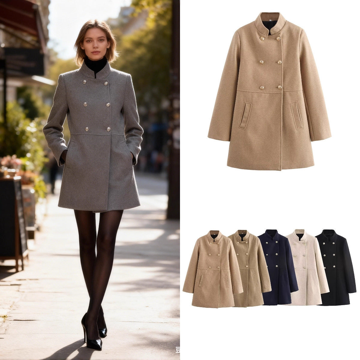 Women's Double-Breasted Wool Blend Coat with Stand Collar and Decorative Buttons Chichicherry