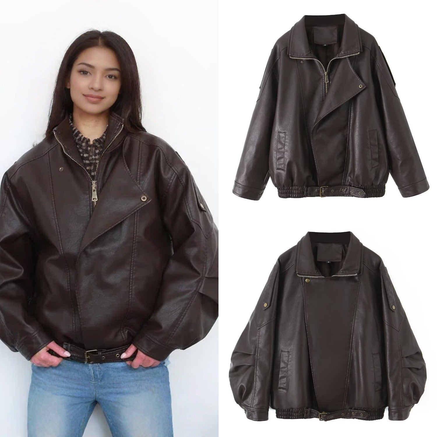 Women's Oversized Faux Leather Bomber Jacket with Asymmetrical Zipper and Waistband Chichicherry