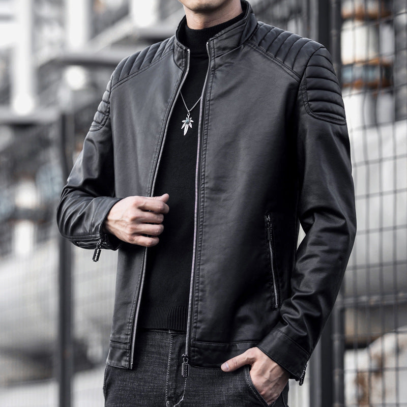Men's Slim Faux Leather Bomber Jacket with Padded Shoulder Quilting and Stand Collar Chichicherry