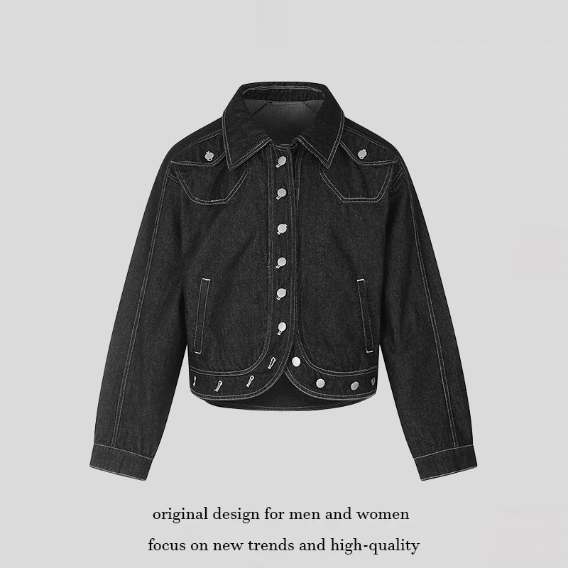 Women Cropped Denim Jacket in Western Look with Contrast Stitching and Metal Snap Buttons Chichicherry