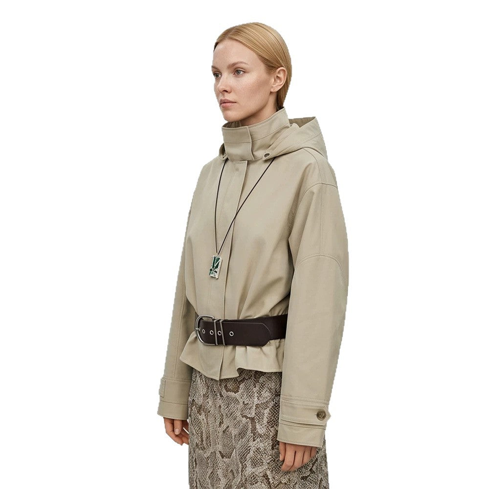 Women Short Vegan Leather Jacket with Hood, Concealed Snap Button Placket and Drawstring Hem Chichicherry