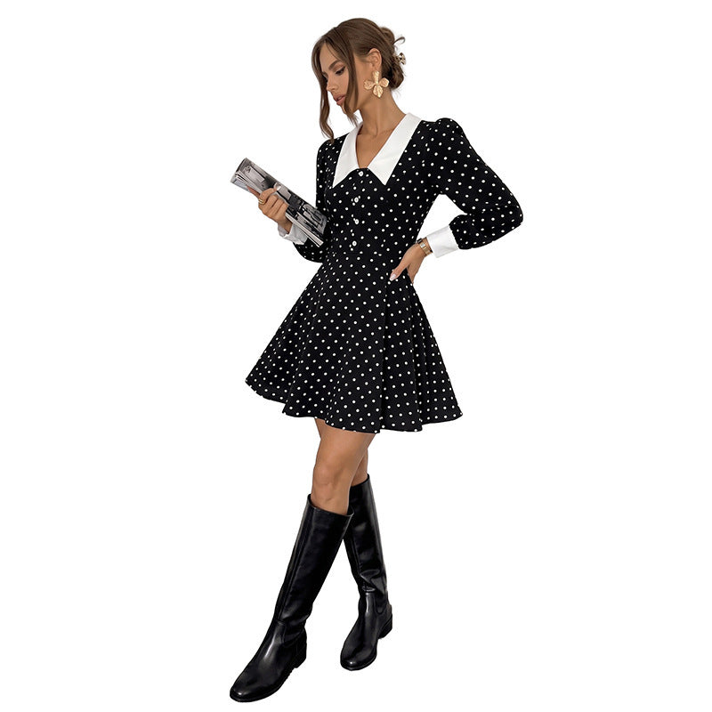 Women's Fitted A-Line Minidress with Polka Dot, Pointed Contrast Collar and Cuffs Chichicherry