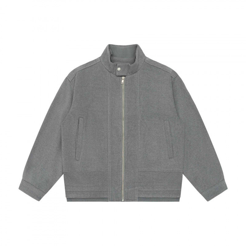 Men's short-cut boxy blouson made of wool blend with stand-up collar, metal zipper and concealed side pockets Chichicherry