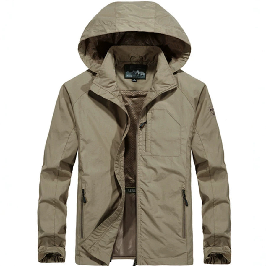 Men's Lightweight All-Weather Field Jacket with Hood, Mesh Lining, and Zippered Pockets Chichicherry