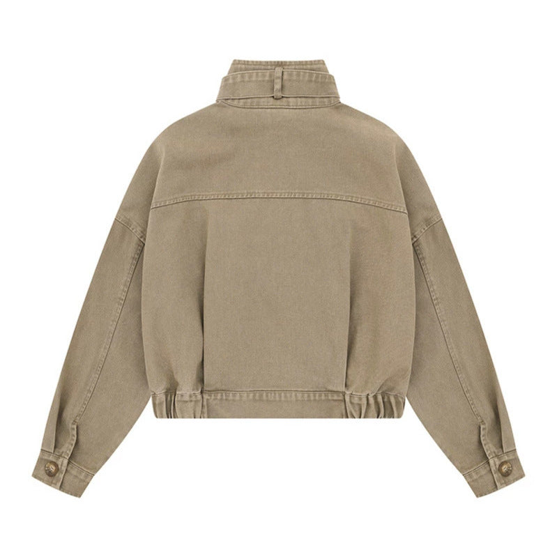 Women's Cropped Utility Bomber Jacket with Stand-Up Collar, Zipper Pockets and Elastic Cuffs Chichicherry