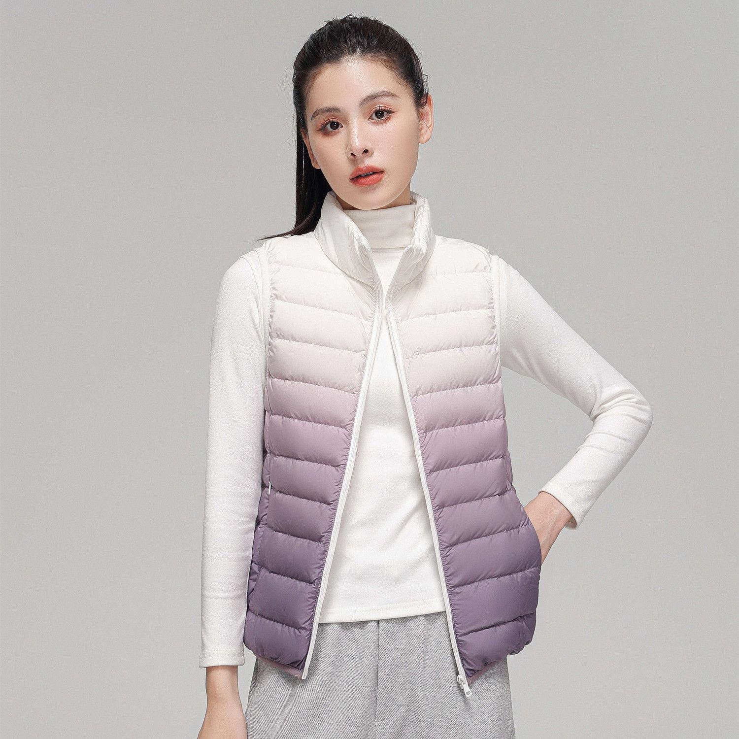 Women Ultraleight Quilted Vest with High Stand-Up Collar and Subtle Gradient Chichicherry