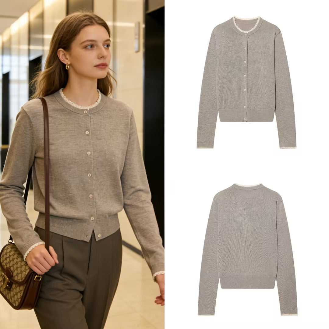 Women Fine Knit Cardigan with Round Neckline, Button Placket and Lace Trim Chichicherry