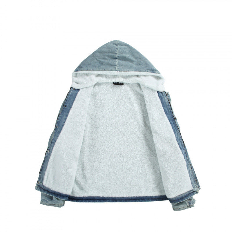 Unisex Hooded Denim Parka in Used Look with Teddy Fleece Lining and Flap Pockets Chichicherry