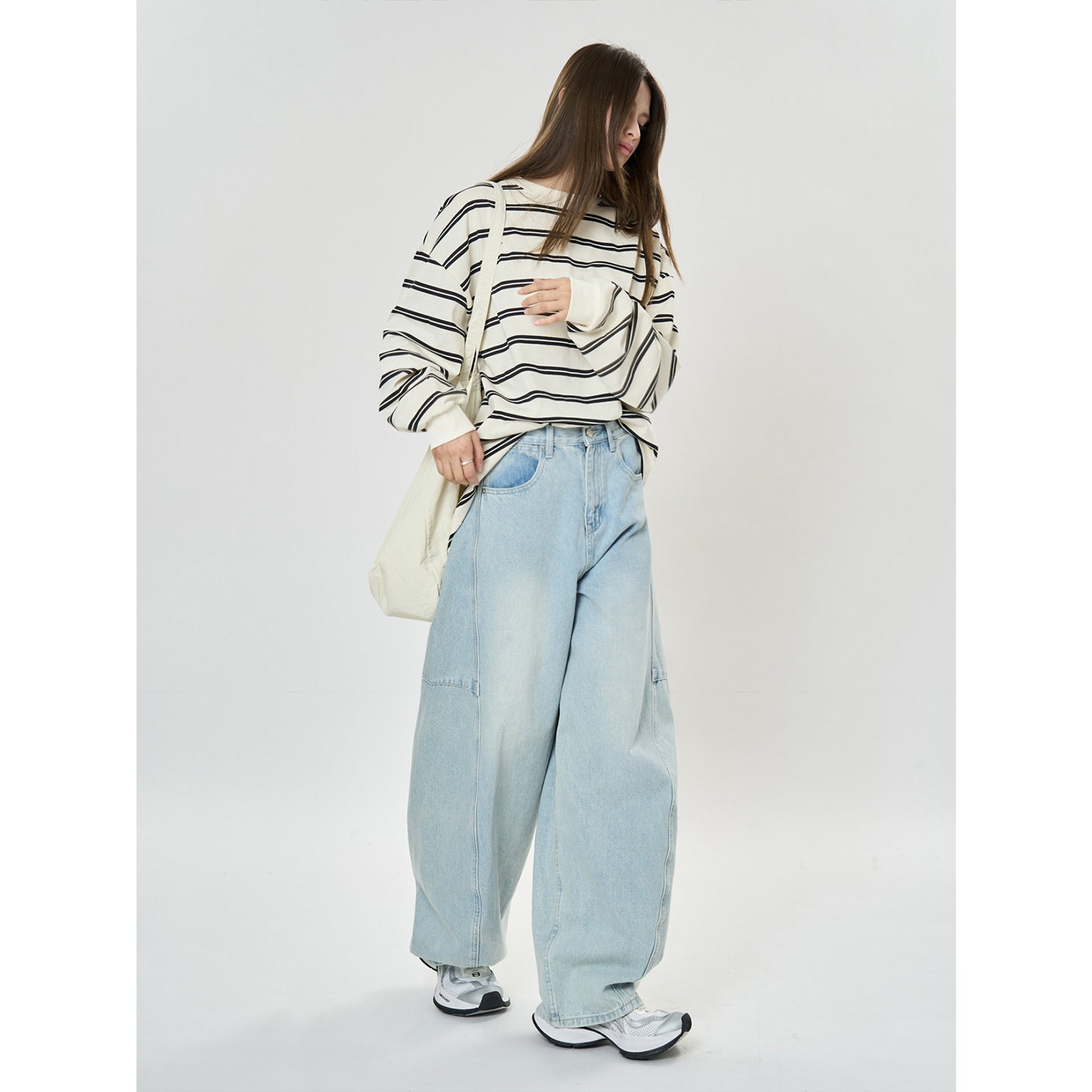 Women's Extra Wide High-Waist Denim Baggy Pants with Balloon Silhouette and Knee Tucks Chichicherry