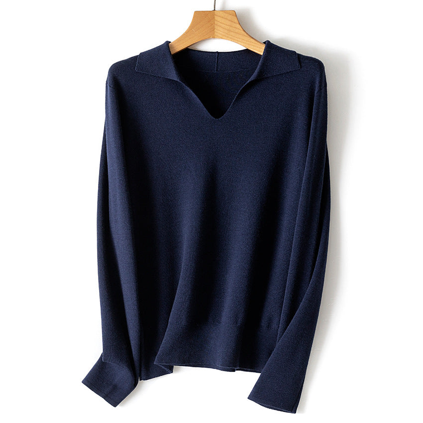 Women's fine knit pullover with V-neck and shirt collar Chichicherry
