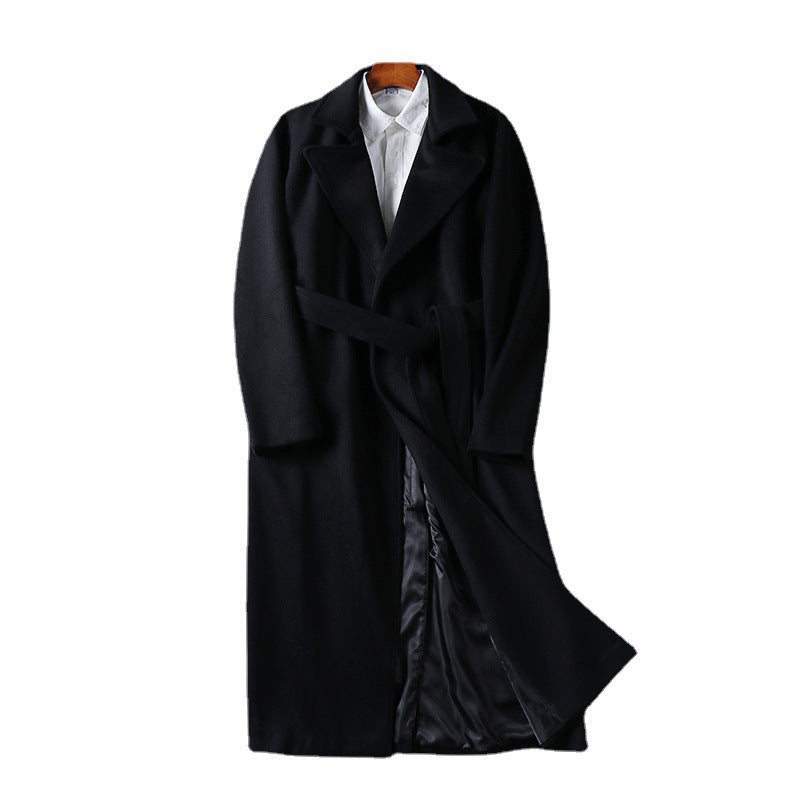Men's Maxi-Length Wool Blend Coat with Shawl Collar and Tie Belt Chichicherry