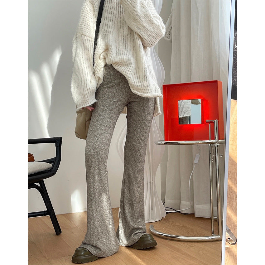 Women Ribbed High-Waist Flared Knit Pants made of soft wool blend Chichicherry