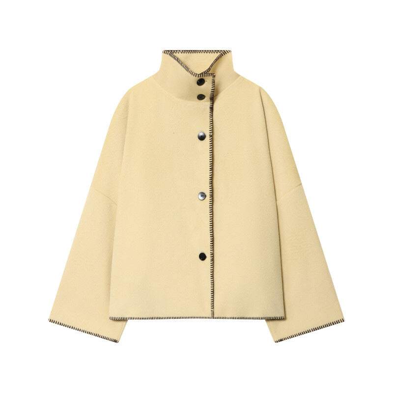 Women's Short Wool Cape Coat with Stand Collar, Contrast Stitching and Snap Button Closure Chichicherry
