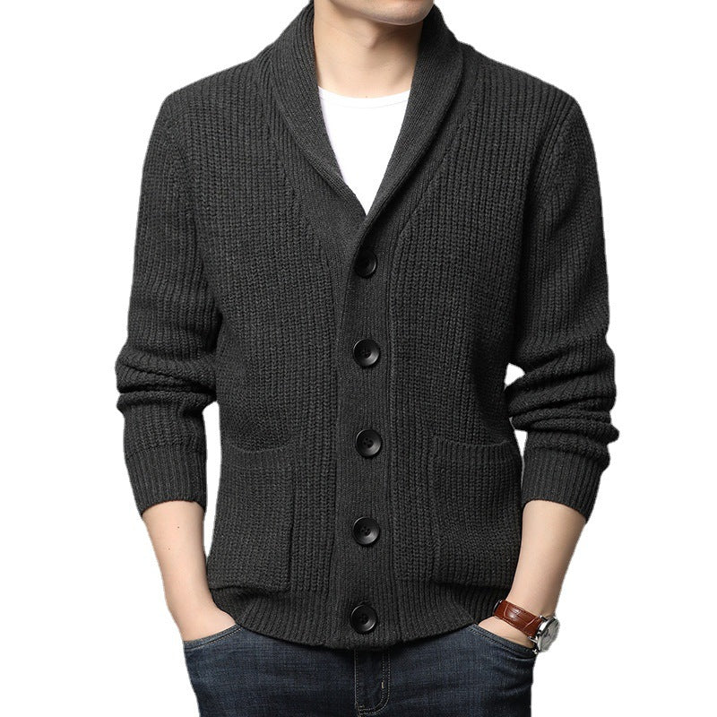 Men's chunky knit cardigan with shawl collar, patch pockets, and button placket Chichicherry