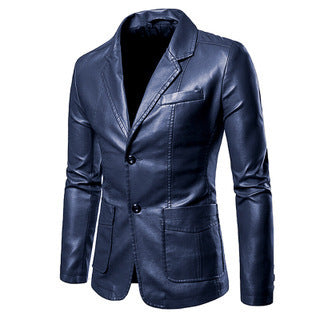 Men's Elegant Slim-Fit Faux Leather Blazer with Notched Lapel, Two-Button Placket & Flap Pockets Chichicherry