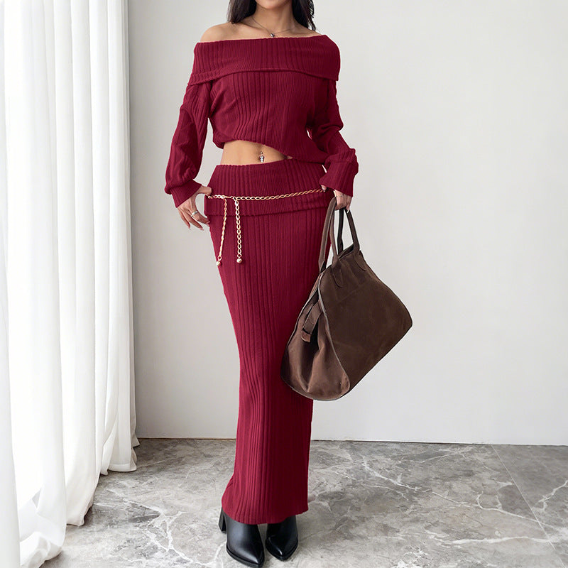 Women's Off-Shoulder Ribbed Knit Set with Bardot Neckline and Figure-Hugging Maxi Skirt Chichicherry