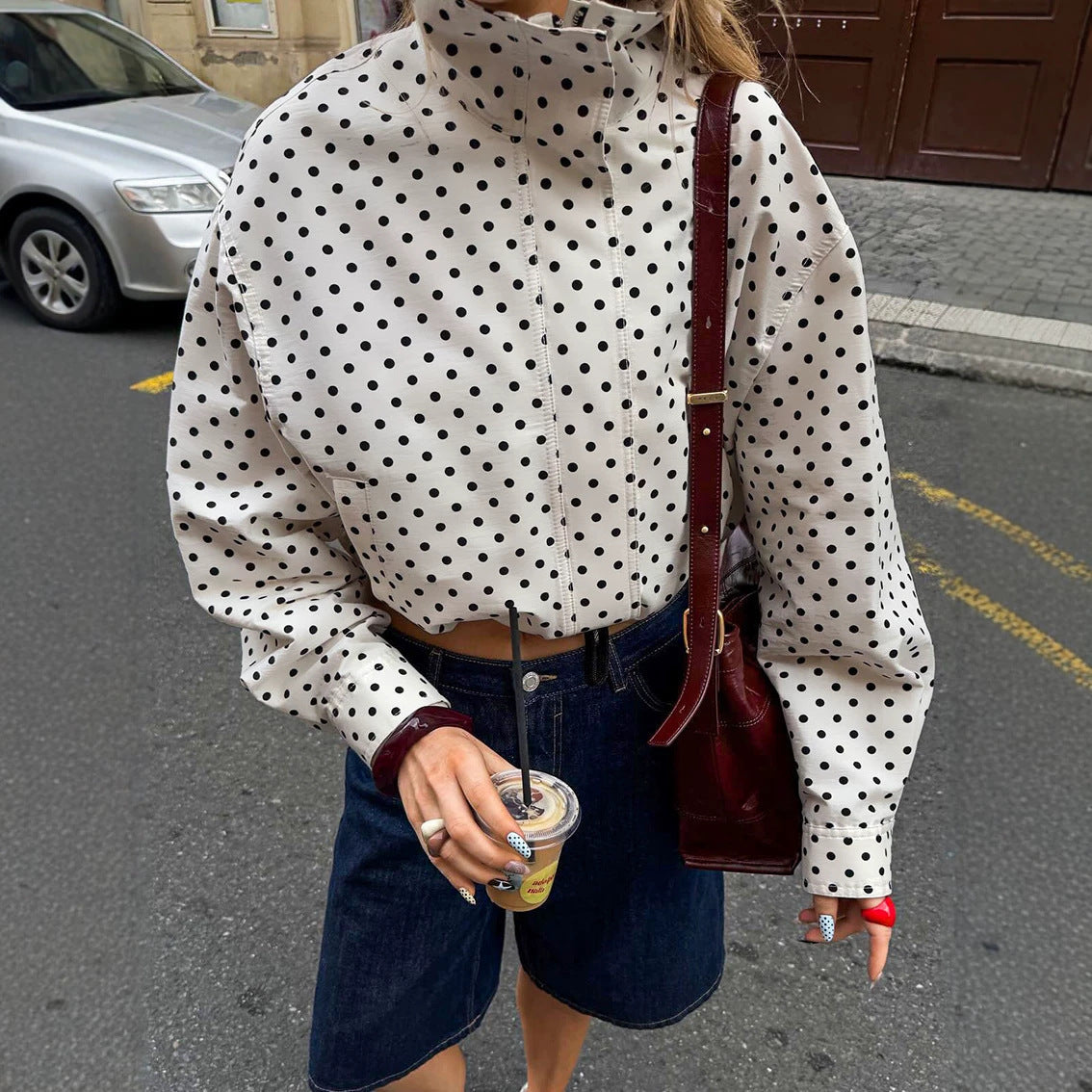 Women's Polka Dot Oversized Bomber Jacket made of lightweight cotton blend with stand-up collar and zipper Chichicherry