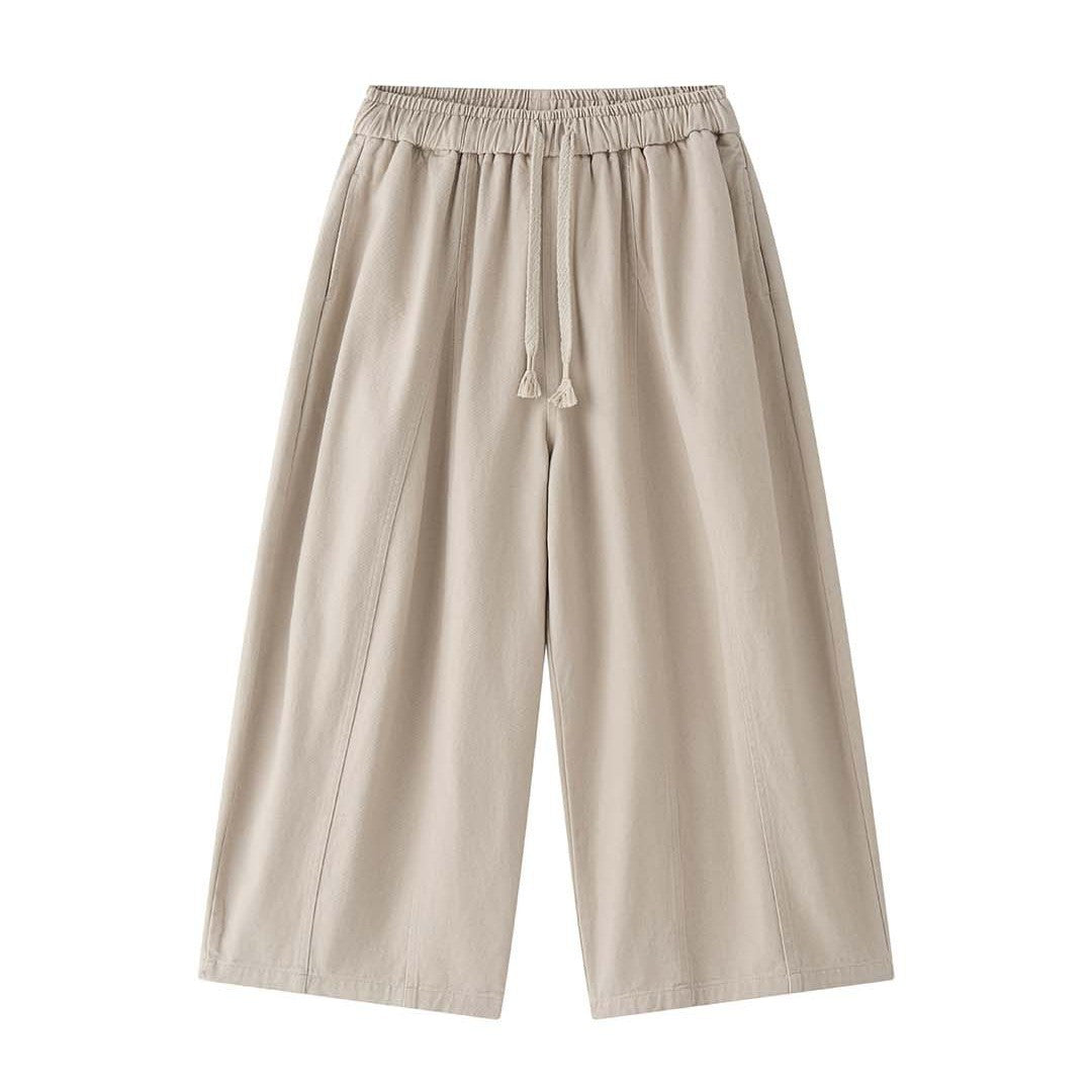 Women's Wide High-Waist Canvas Culotte with Drawstring and Decorative Seams Chichicherry
