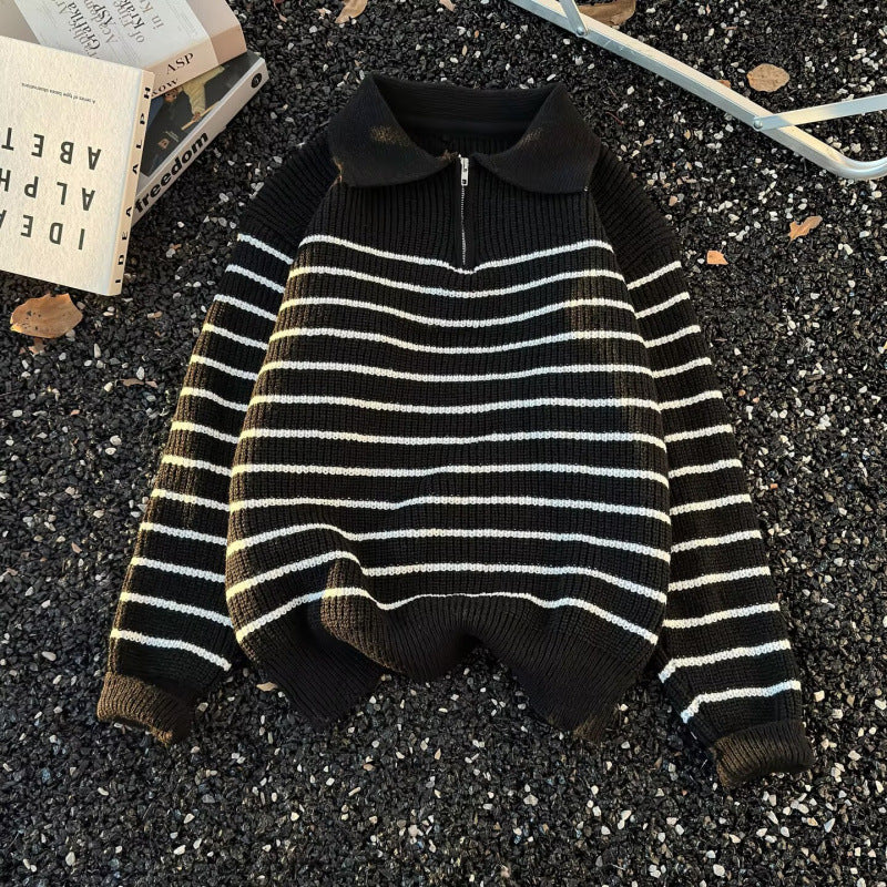 Unisex Grobgestrickter Oversize-Pullover mit halbem Reißverschluss und Polokragen Chichicherry