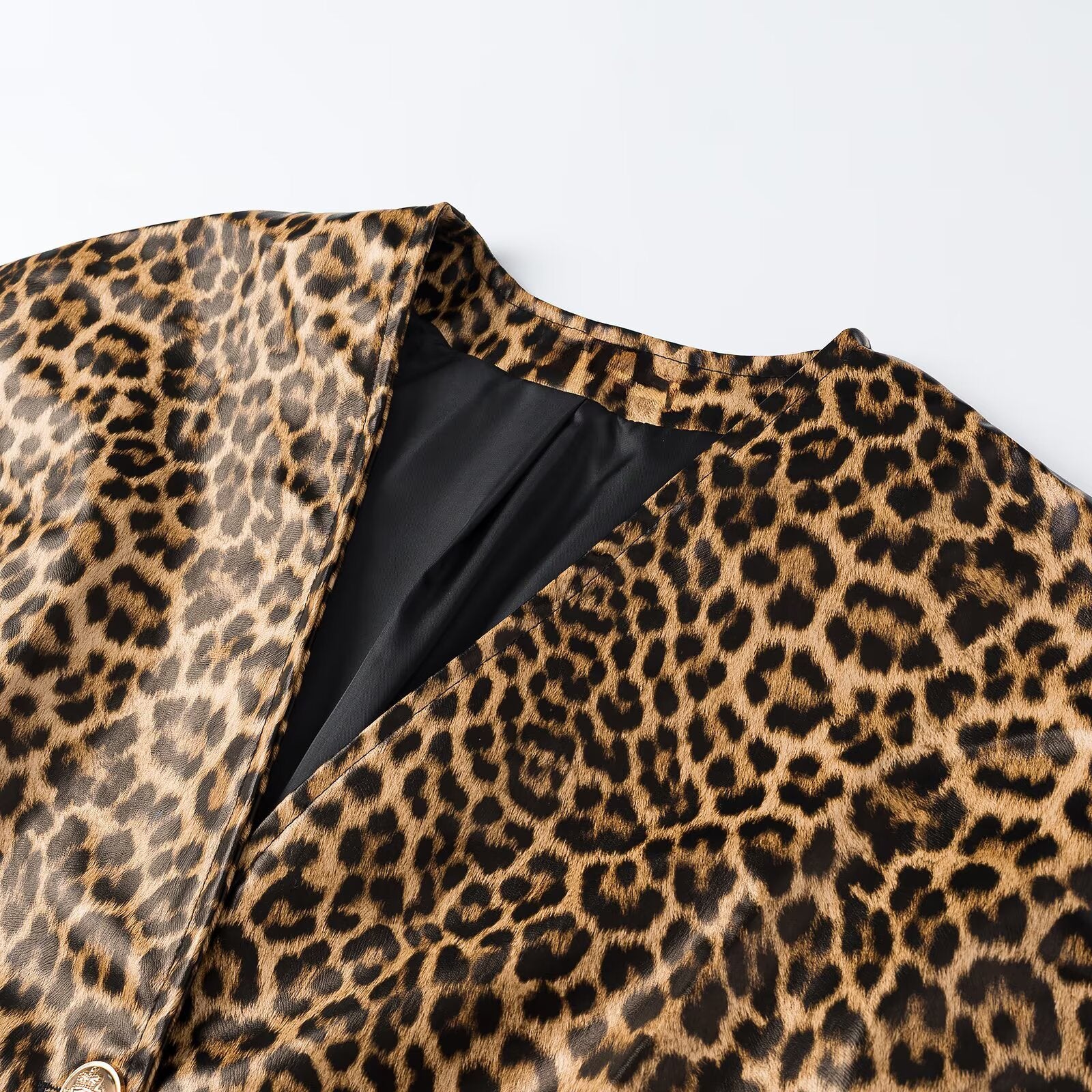 Women Tailored Blazer Vests with Deep V-Neck and Leopard Print Chichicherry