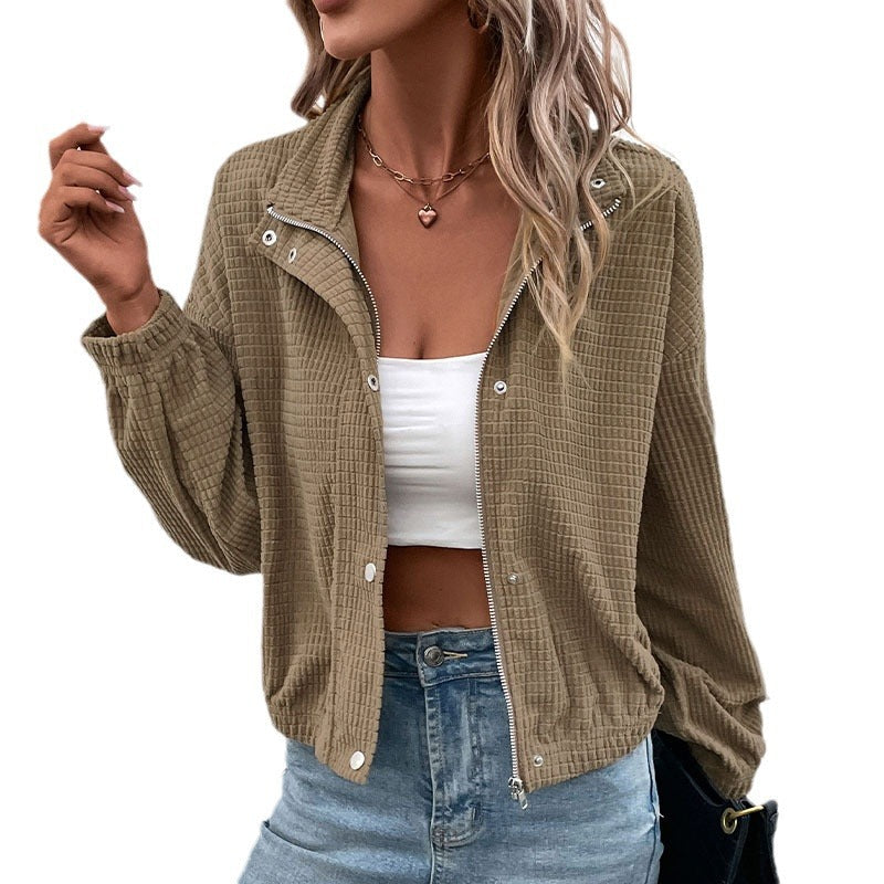 Women's Short-Cut Waffle Structure Transition Jacket with Zipper, Stand Collar and Elastic Cuffs Chichicherry