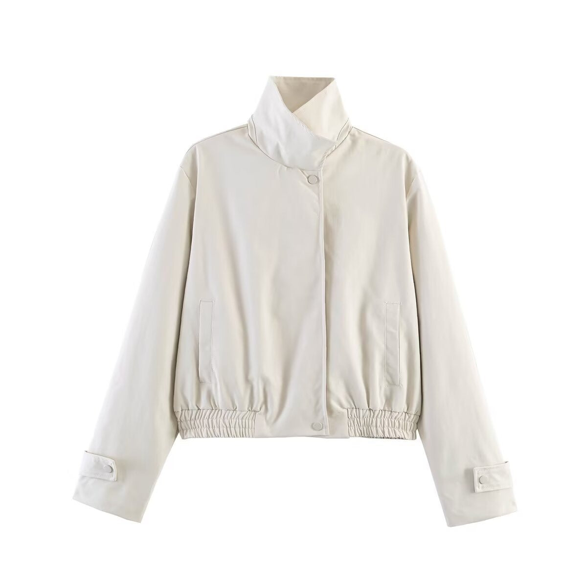 Women's short cut boxy blouse jacket with high stand-up collar, snap button placket, and elastic hem Chichicherry