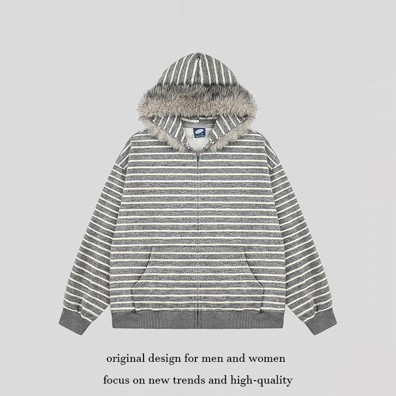 Women's Oversize Hooded Sweat Jacket with Striped Jacquard, Full Zipper and Faux Fur Hood Chichicherry