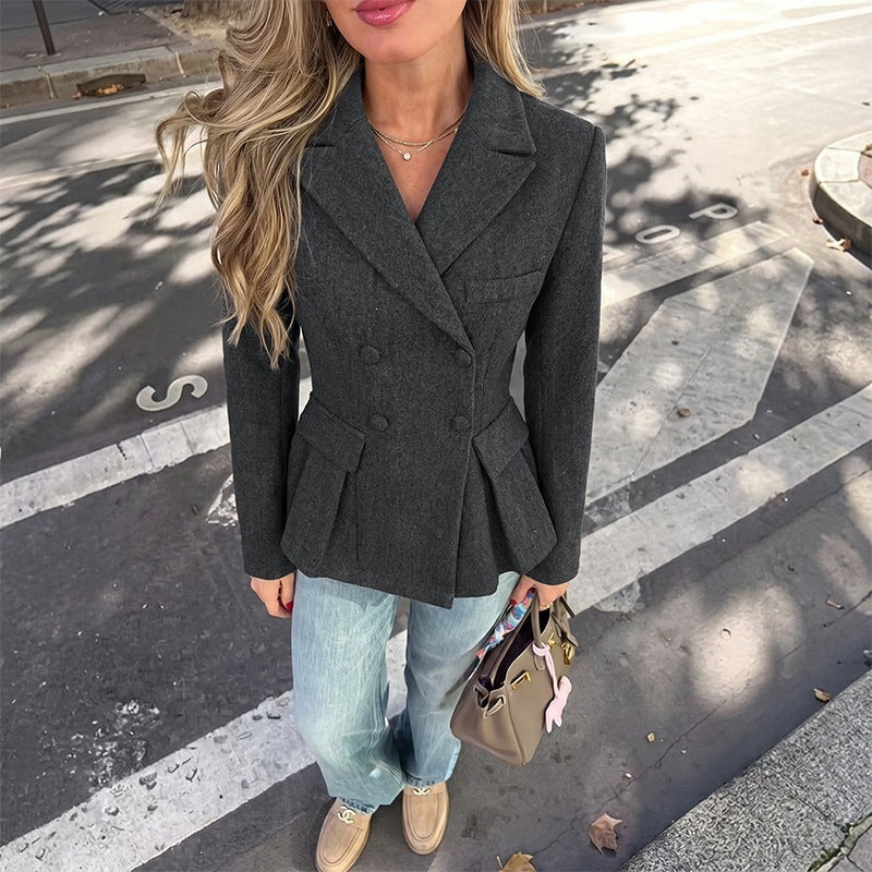 Women's Tailored Double-Breasted Blazer with Peplum, Pleats & Patch Pockets Chichicherry