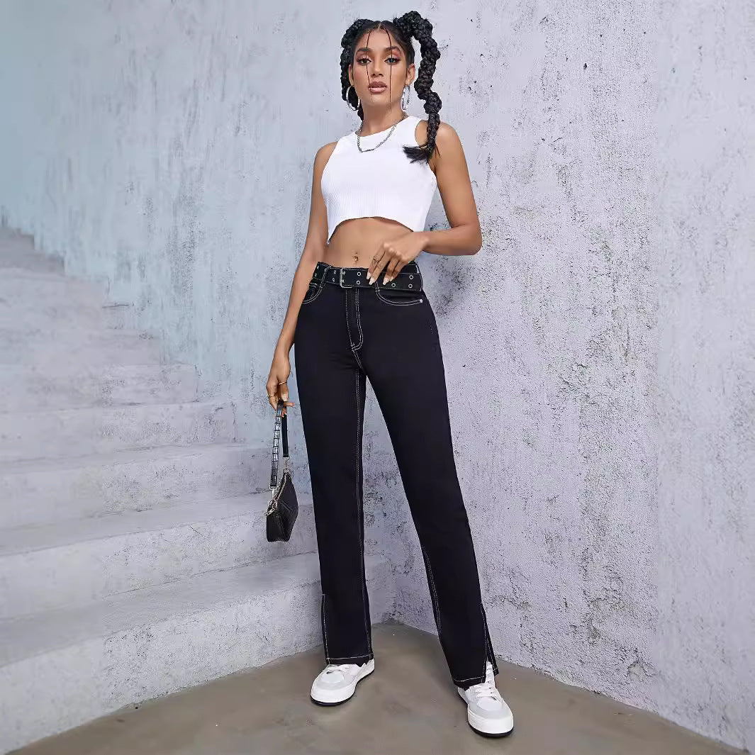 Women High-Waist Straight Jeans with Side Ankle Slit and Contrast Stitch Chichicherry