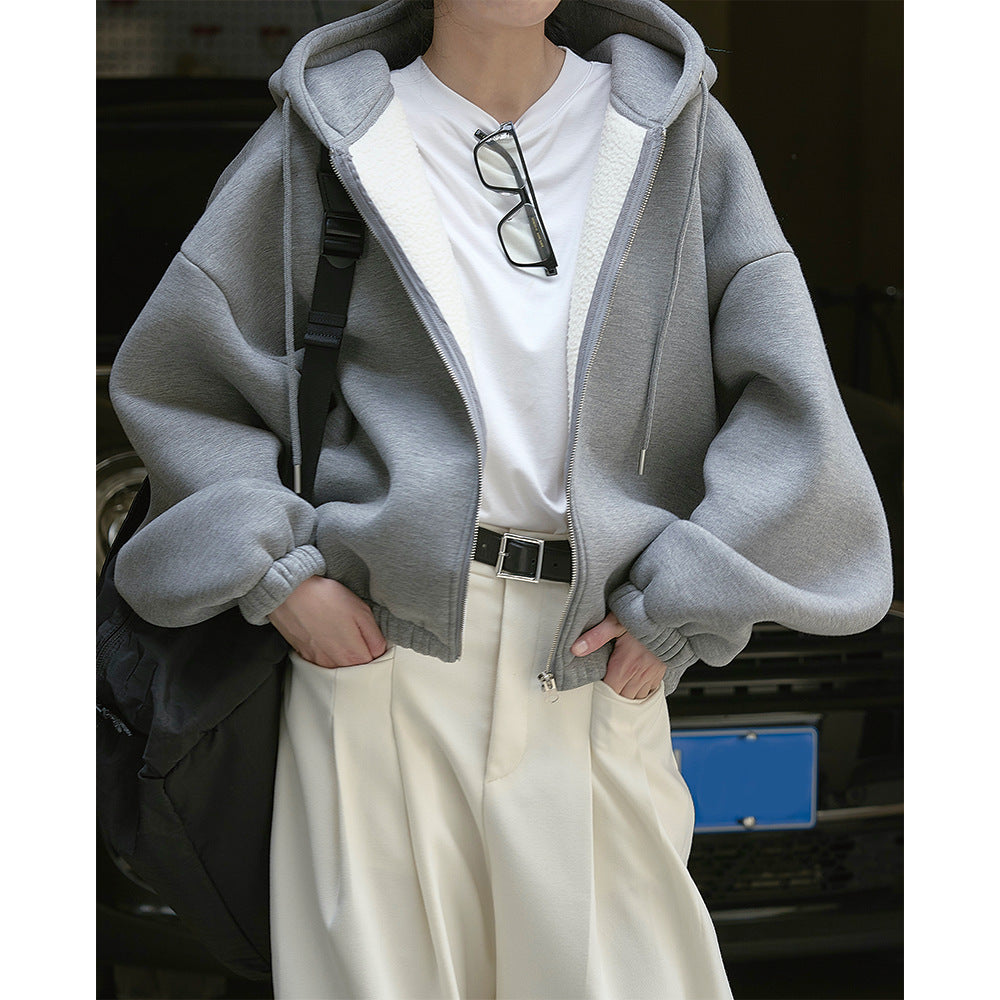 Women Oversized Hooded Zip Jacket with Teddy Lining and Elastic Hem Chichicherry