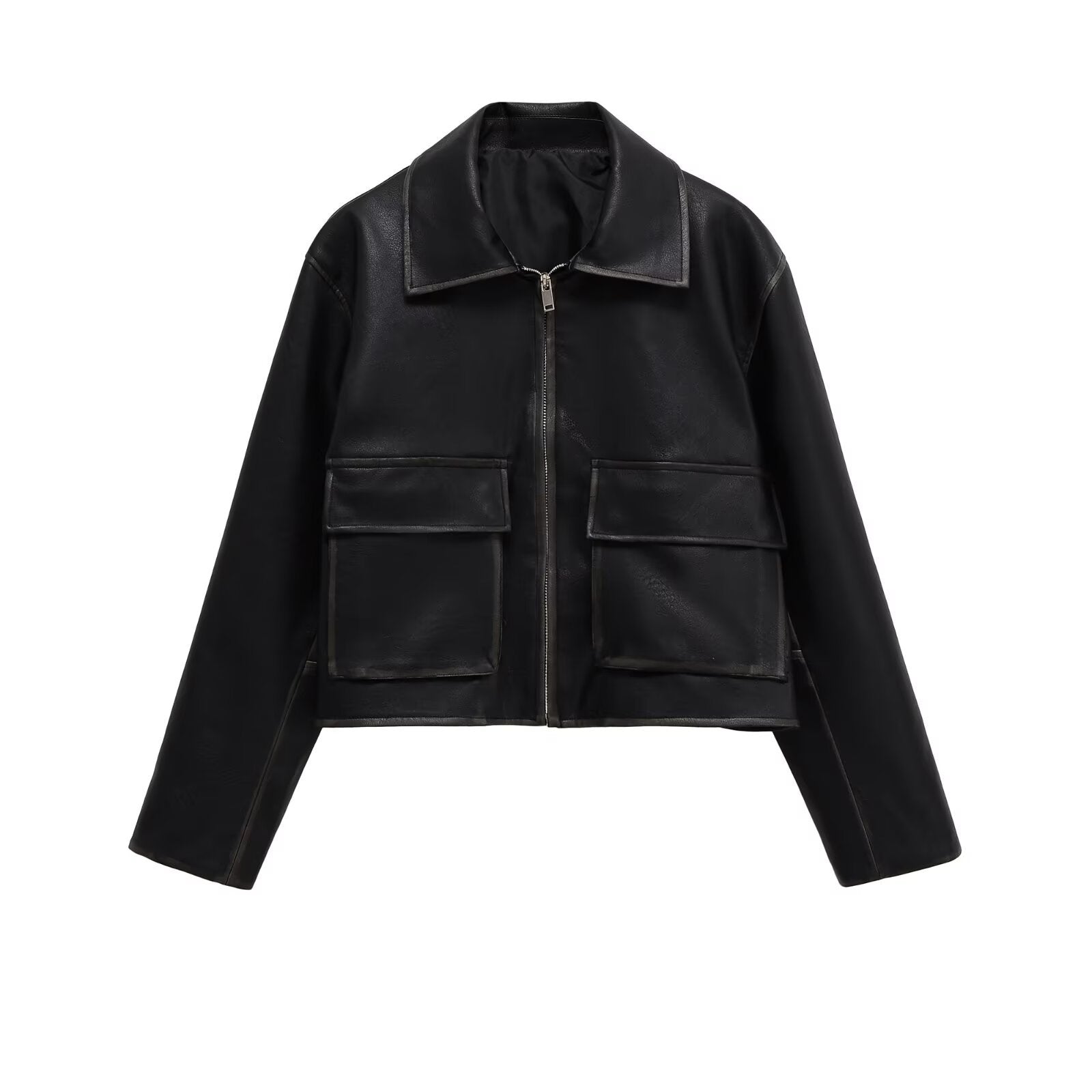 Women's Short Boxy Leather Look Jacket with Zip and Large Flap Pockets Chichicherry