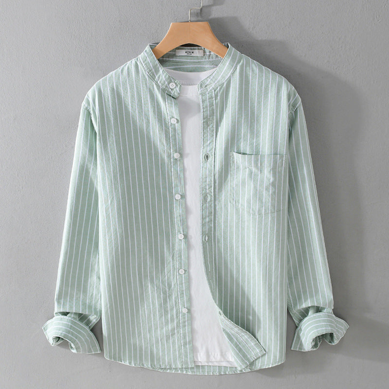 Men's Lightweight Stand Collar Long Sleeve Shirt made of Cotton Blend with Fine Pinstripe and Chest Pocket Chichicherry