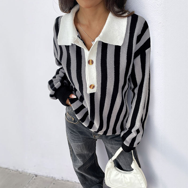 Women Casual Striped Knit Polo Collar Sweater with Contrasted Button Placket Chichicherry