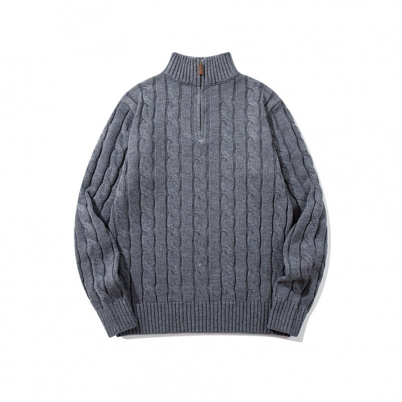 Unisex Coarse Knitted Half-Zip Cable Pattern Sweater with Stand-Up Collar and Ribbed Edges Chichicherry