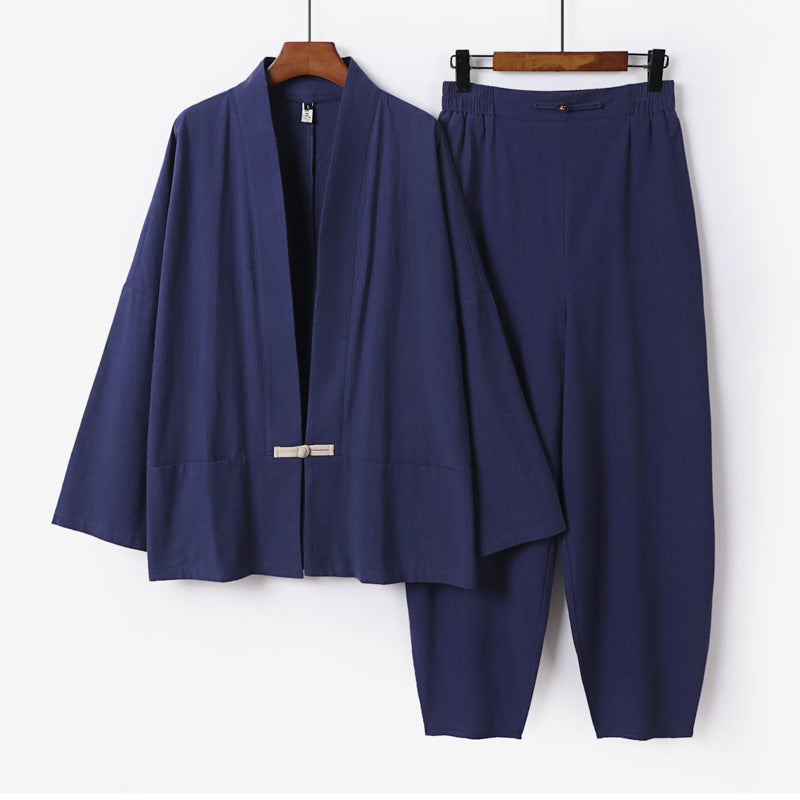 Men's Zen Relax Set with open kimono jacket, decorative toggle closure and tapered harem jogger pants Chichicherry