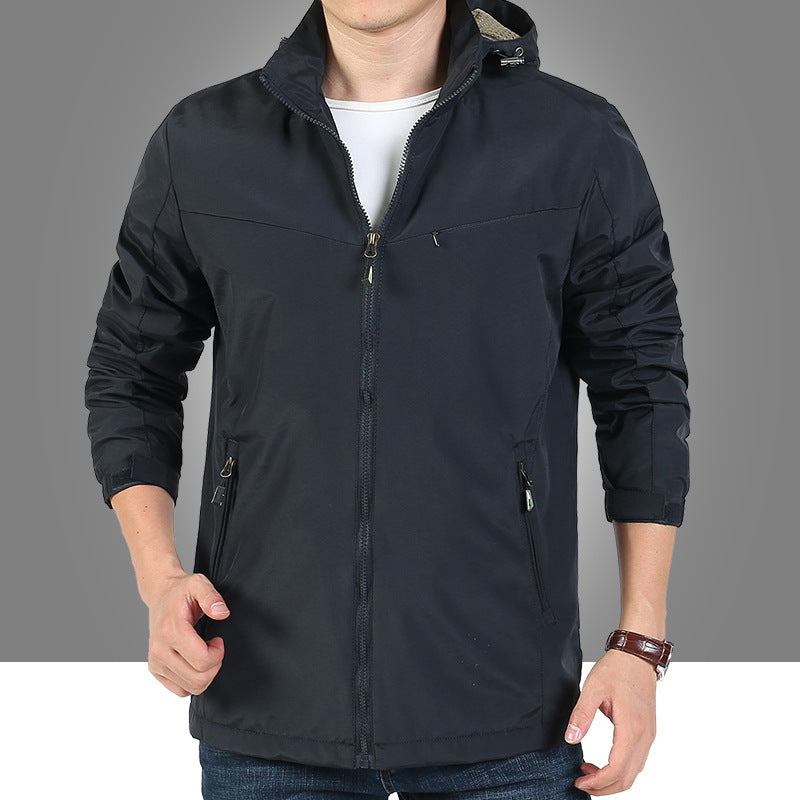 Men's lightweight functional hooded blouse with windproof shell, concealed zipper, and multi-pocket design.