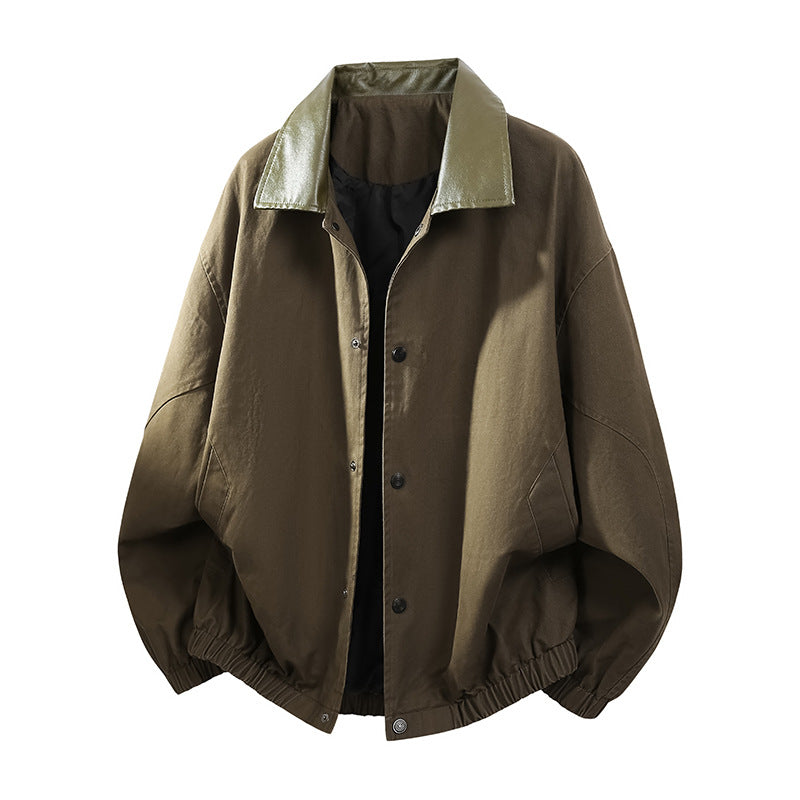 Men's Oversize Coach Jacket with Shiny Collar, Concealed Snap Placket, and Elastic Hem Chichicherry