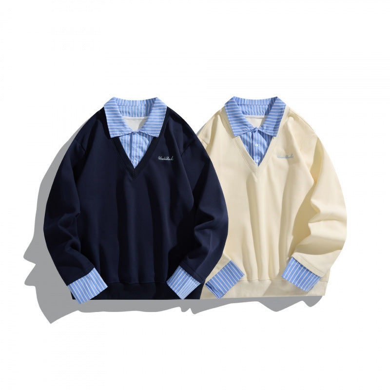 Unisex Layered Look Sweatshirt with V-Neck, integrated Shirt Collar and Striped Cuffs Chichicherry